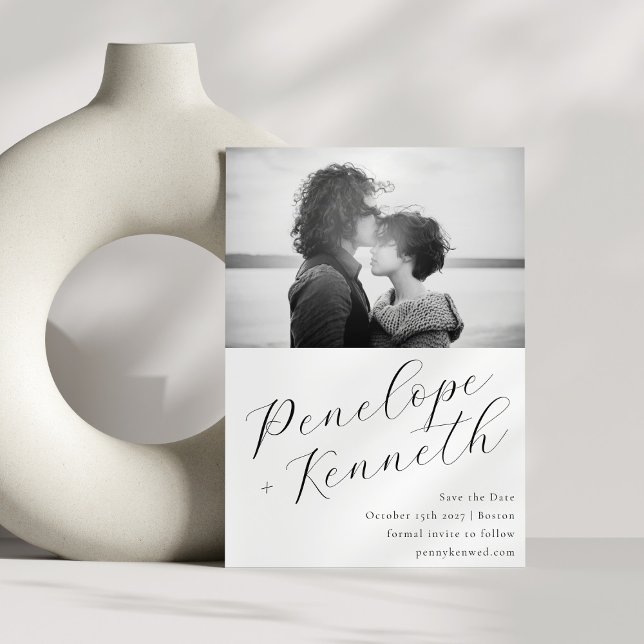 Reserve A Data Foto de Casamento Branco da Caligrafia Script Eleg (Criador carregado)