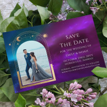 Foto de casamento celestial em roxo, azul-turquesa