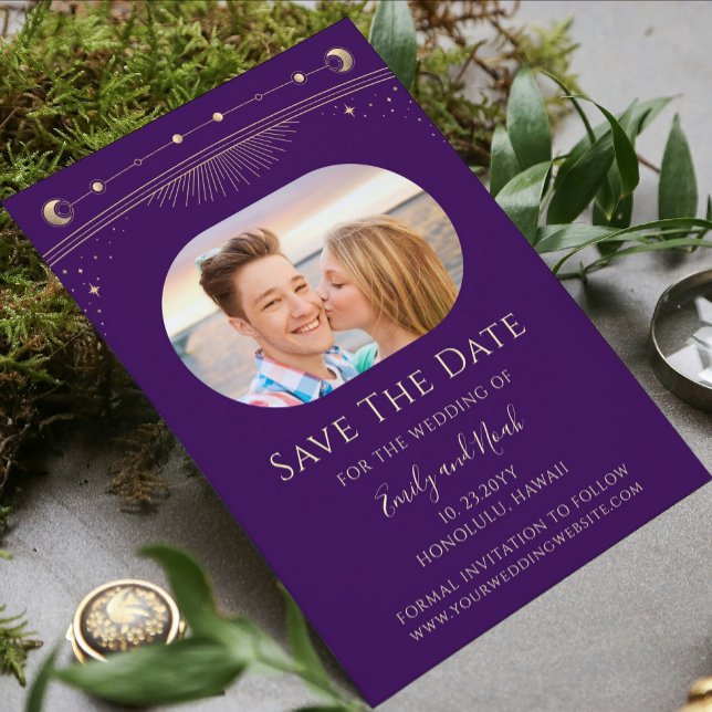 Reserve A Data Foto de Casamento Celestial Roxo Dourado Místico (Criador carregado)