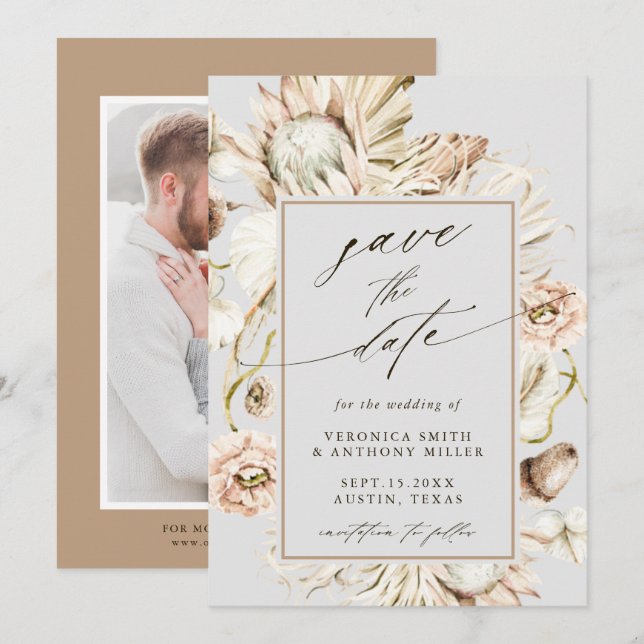 Reserve A Data Foto de casamento cinza Boho Protea Pampas Grass (Frente/Verso)