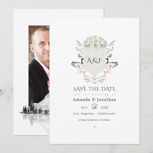 Reserve A Data Foto de casamento com brasão monograma à beira do  (Frente/Verso)