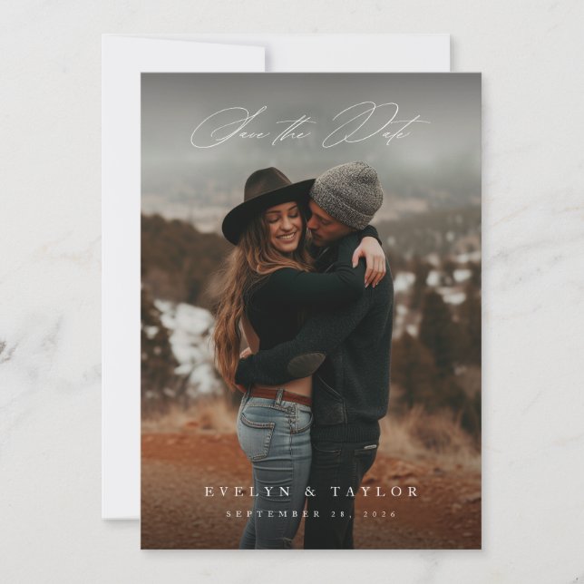 Reserve A Data Foto de casamento com código QR em caligrafia rúst (Frente)