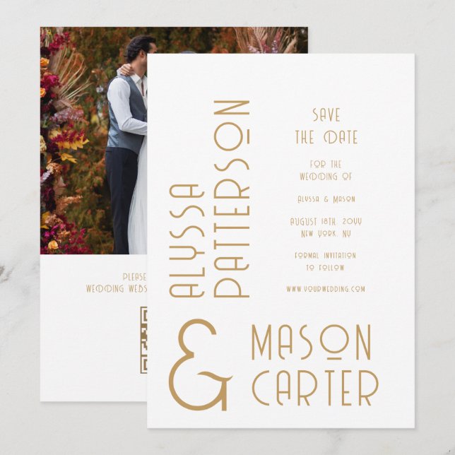 Reserve A Data Foto de casamento com código QR em dourado elegant (Frente/Verso)