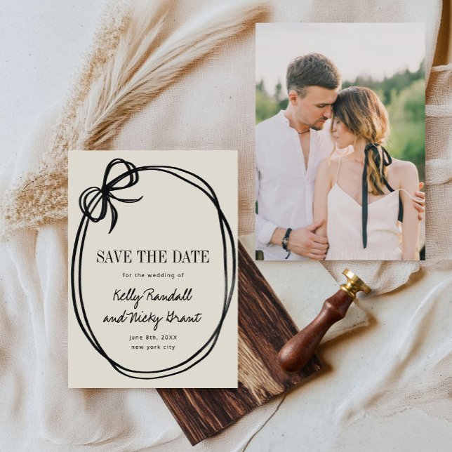 Reserve A Data Foto de casamento com laço de fita chic (Chic Bow Tied Ribbon Wedding Photo Save The Date)