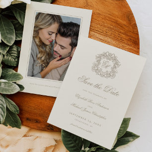 Reserve A Data Foto de casamento com monograma Crest em marfim vi