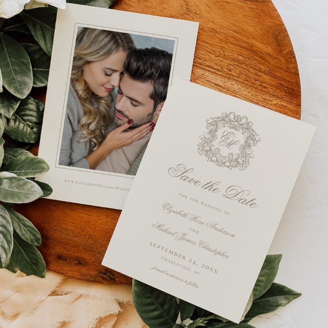 Reserve A Data Foto de casamento com monograma Crest em marfim vi (Criador carregado)