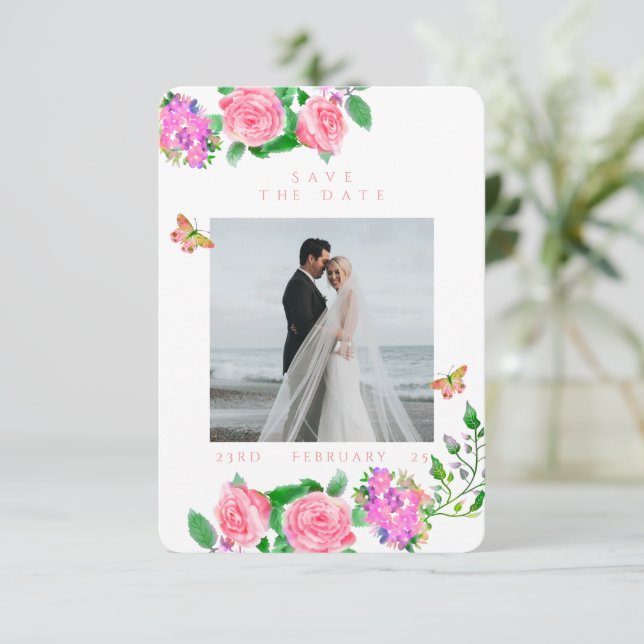 Reserve A Data Foto de casamento com monograma de fita rosa (Em pé/Frente)