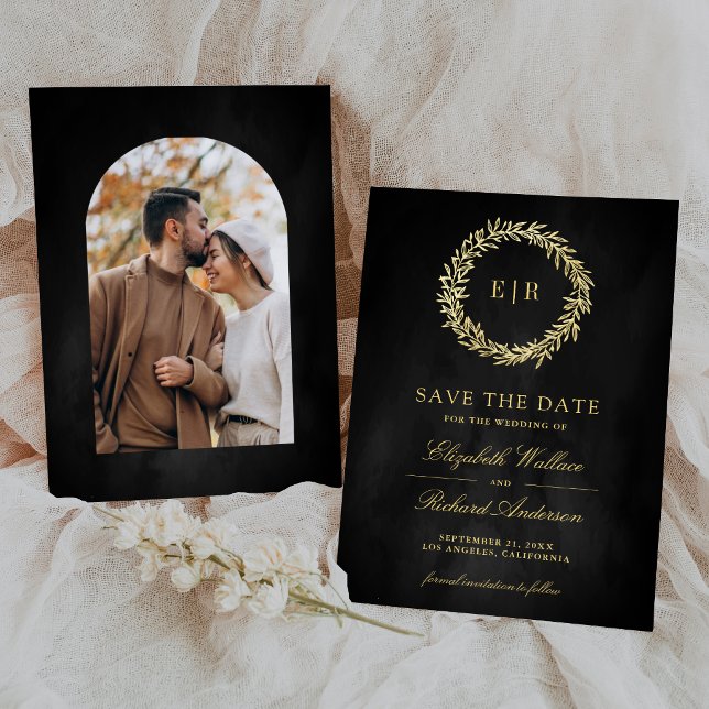 Reserve A Data Foto de casamento com ramo de folha dourada em cin (Criador carregado)