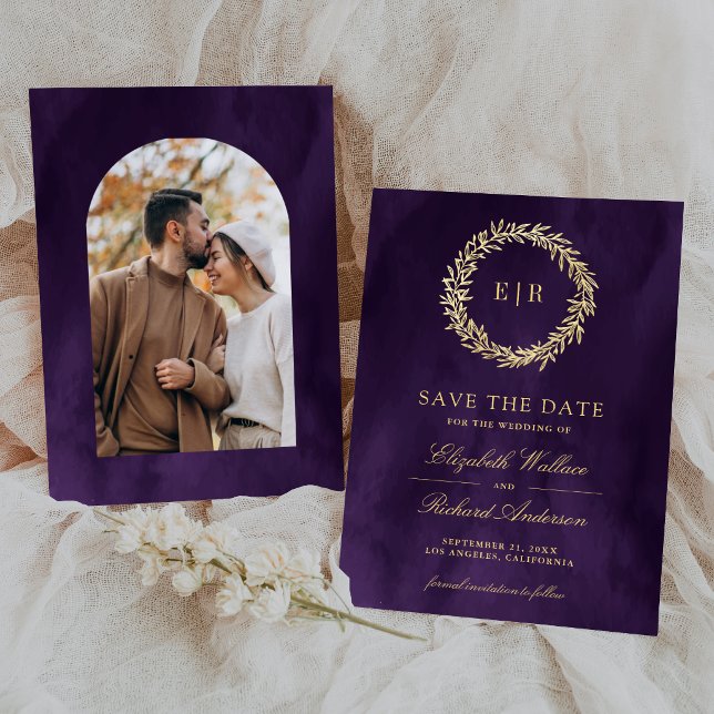 Reserve A Data Foto de casamento com ramo de folhas de ouro roxo  (Criador carregado)