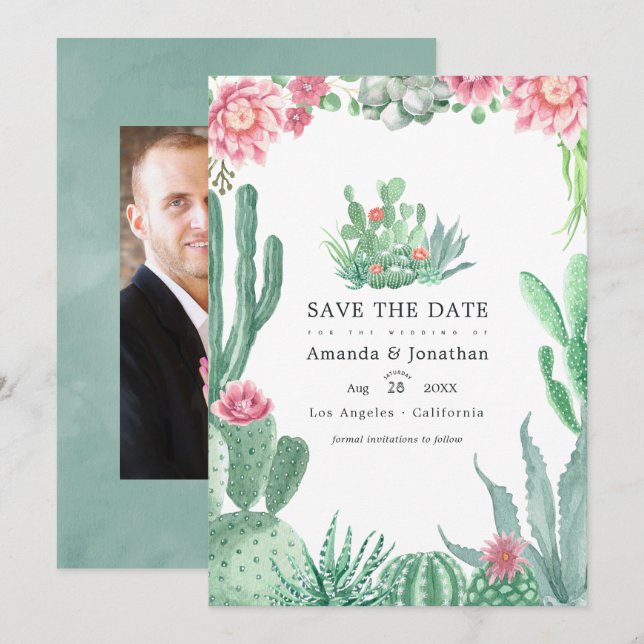Reserve A Data Foto de casamento com suculentas em aquarela (Frente/Verso)