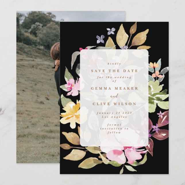 Reserve A Data Foto de Casamento de Arte Floral Seca Preta (Frente/Verso)