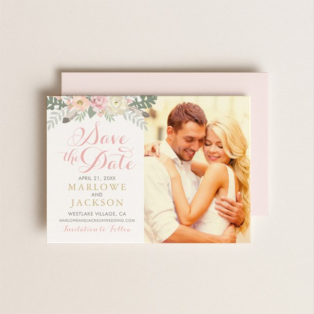 Reserve A Data Foto de Casamento de Boho Floral Rosa e Dourada (Criador carregado)