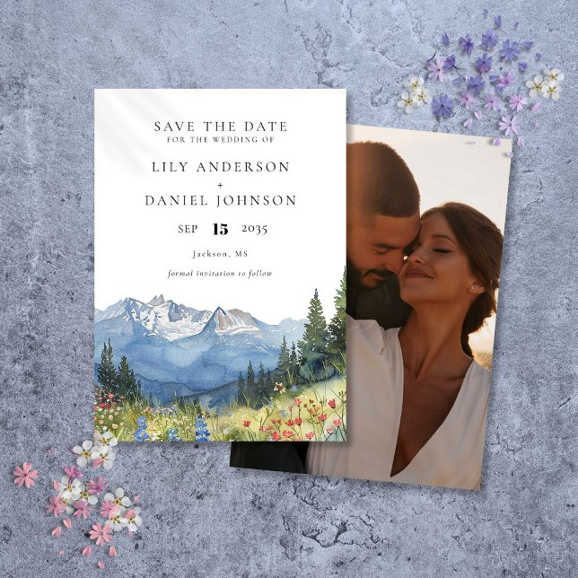 Reserve A Data Foto de casamento de flores silvestres de montanha (Watercolor Mountain Wildflower Photo Wedding Save The Date)