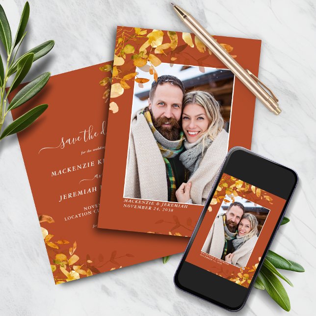 Reserve A Data Foto de Casamento de Outono Laranja Queimado Salva (Burnt Orange Autumn Wedding Photo Save the Date Card)