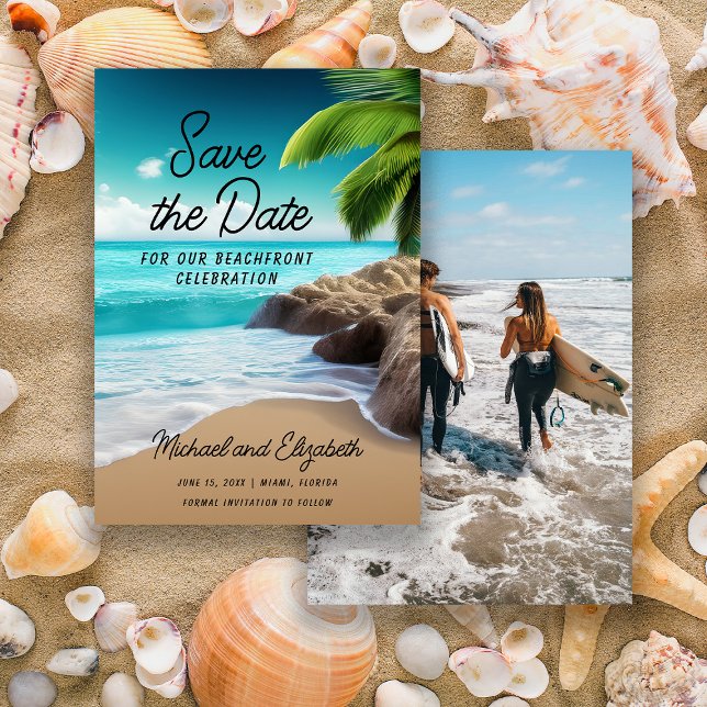 Reserve A Data Foto de Casamento de Palmeira de Praia Tropical (Tropical beach/ocean/palm trees wedding Save the Date photo card)