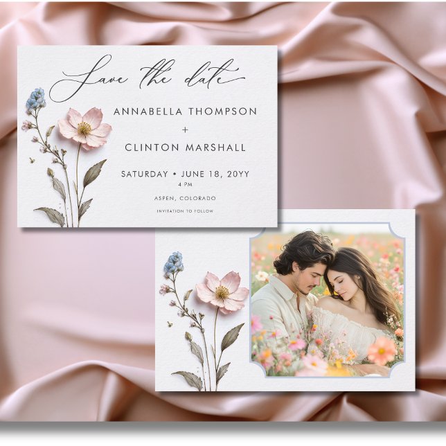 Reserve A Data Foto de Casamento de Pastel Wildlows, sob pressão  (Modern Pressed Pastel Wildflowers Wedding Photo Save The Date)