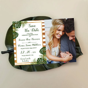 Reserve A Data Foto de Casamento de Praia Gold Foil & Green Palm 