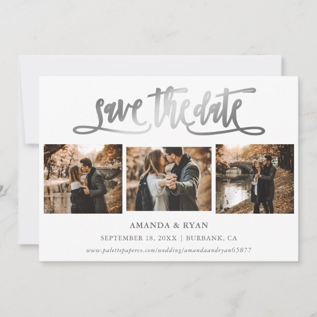 Reserve A Data Foto De Casamento De Prata De Script Moderno Salva (Frente)