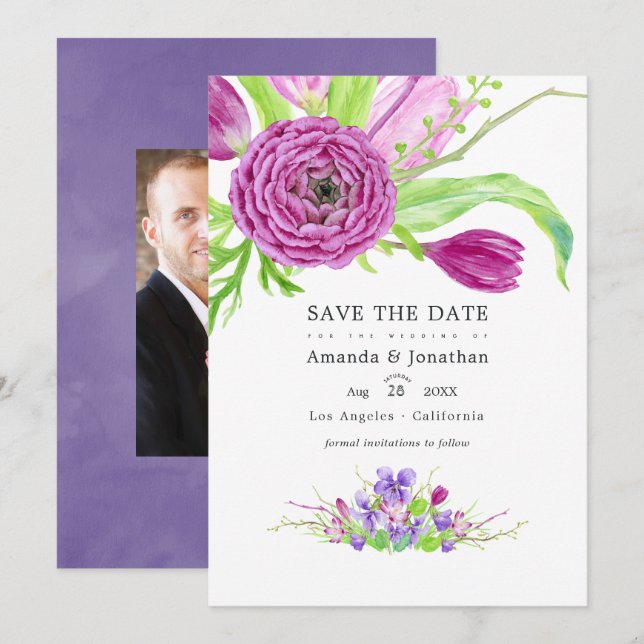 Reserve A Data Foto de casamento de primavera com aquarela floral (Frente/Verso)