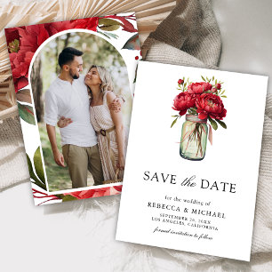Reserve A Data Foto de Casamento de Red Peony Floral Mason Jar