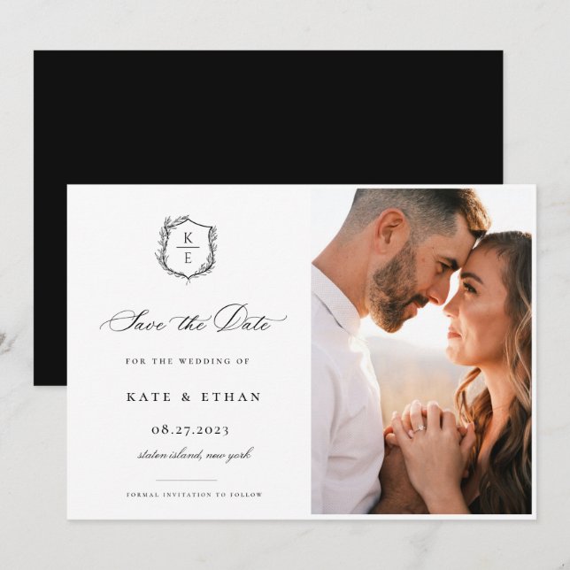 Reserve A Data Foto de Casamento do Monograma do Crest Botânico (Frente/Verso)