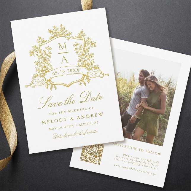 Reserve A Data Foto de casamento Dourado Clássico Floral Crest (Front & Back)