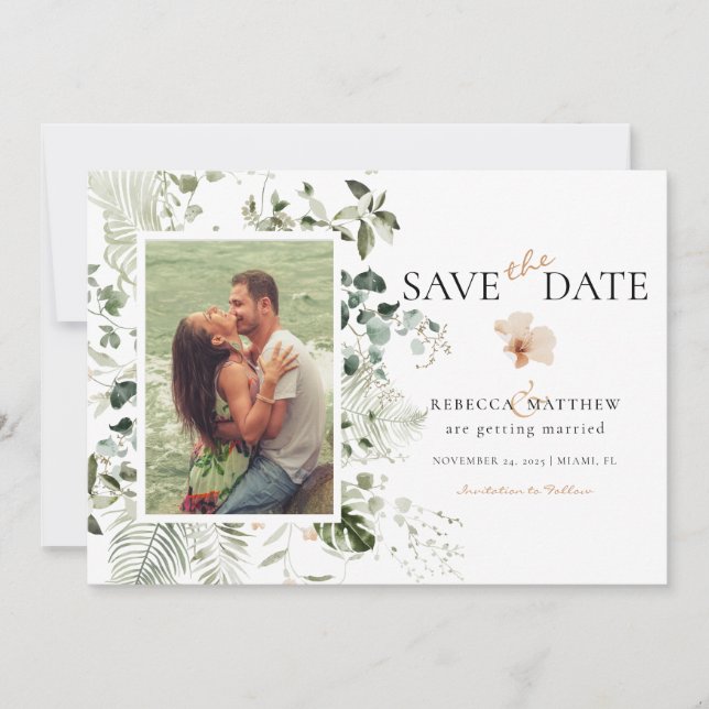 Reserve A Data Foto de casamento elegante floral boho com folhage (Frente)