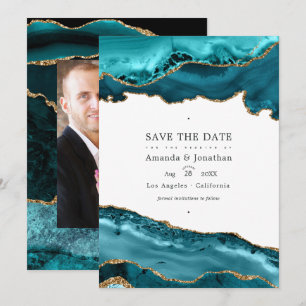Reserve A Data Foto de casamento em ágata azul e dourado