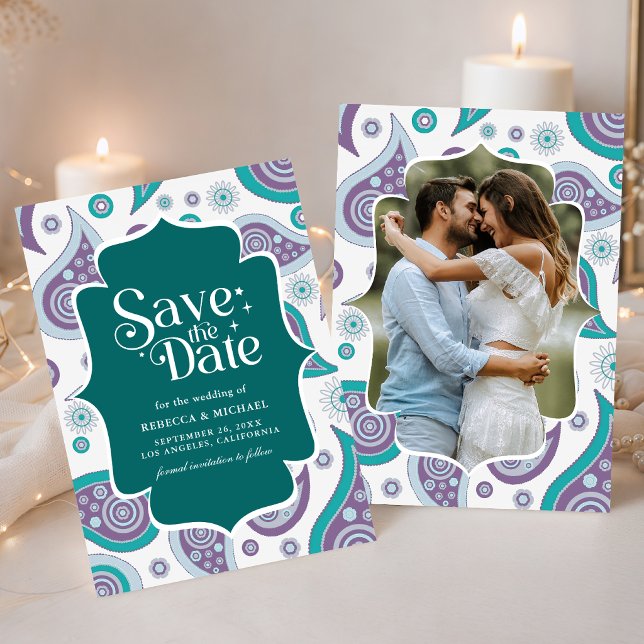 Reserve A Data Foto de casamento estilo indiano com paisley roxo  (Criador carregado)