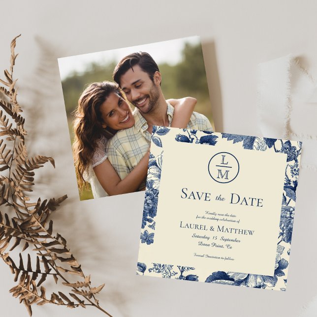 Reserve A Data Foto de casamento floral azul Salve a data  (Criador carregado)