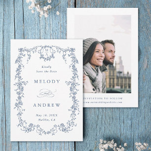 Reserve A Data Foto de Casamento Floral Azul Vitoriano Clássico e