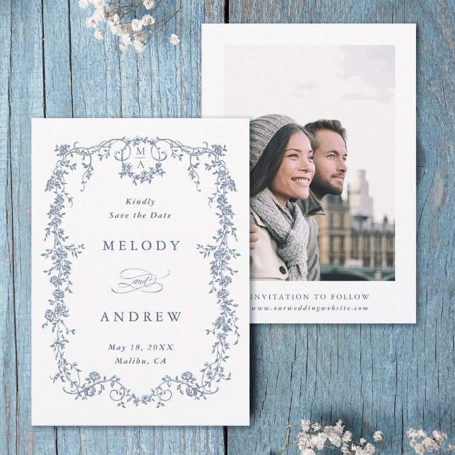 Reserve A Data Foto de Casamento Floral Azul Vitoriano Clássico e (Front & Back)