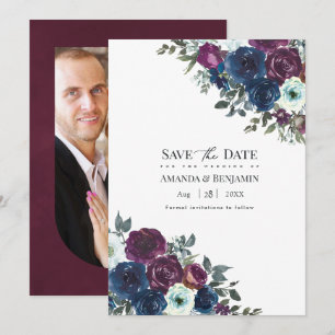 Reserve A Data Foto de casamento floral com ameixa e azul marinho