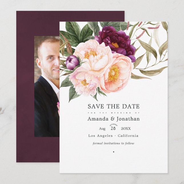 Reserve A Data Foto de casamento floral de ameixa e pêssego (Frente/Verso)