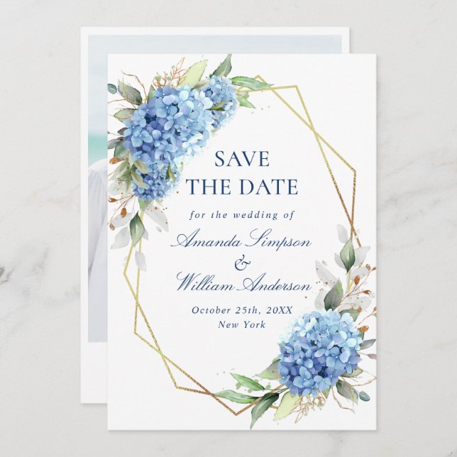 Reserve A Data Foto de Casamento Floral de Hydrangea Blue Elegant (Frente/Verso)