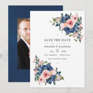 Reserve A Data Foto de casamento floral em aquarela azul marinho 