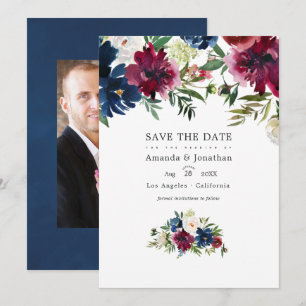 Reserve A Data Foto de casamento floral em aquarela Bordo e Navy
