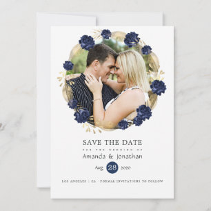Reserve A Data Foto de casamento floral em azul marinho e dourado