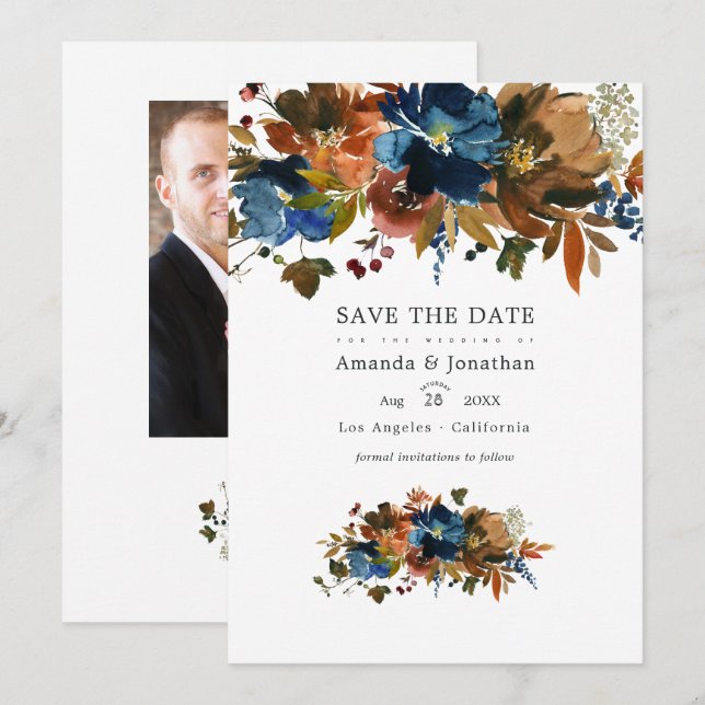 Reserve A Data Foto de casamento floral em gengibre e azul-marinh (Frente/Verso)