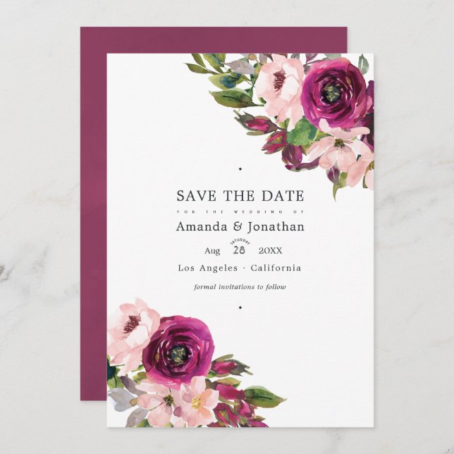 Reserve A Data Foto de casamento floral Marsala e Blush (Frente/Verso)