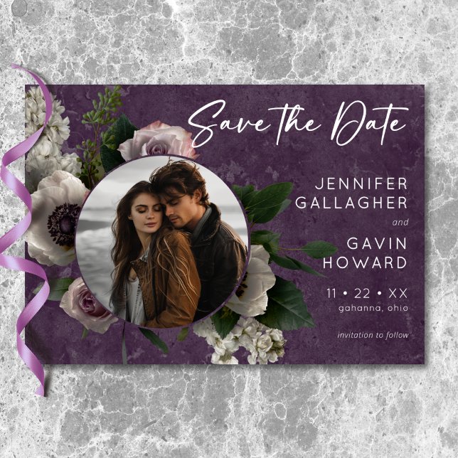 Reserve A Data Foto De Casamento Floral Moderno Plum Purple Elega (Plum Purple Elegant Floral Modern Wedding Photo Save The Date)