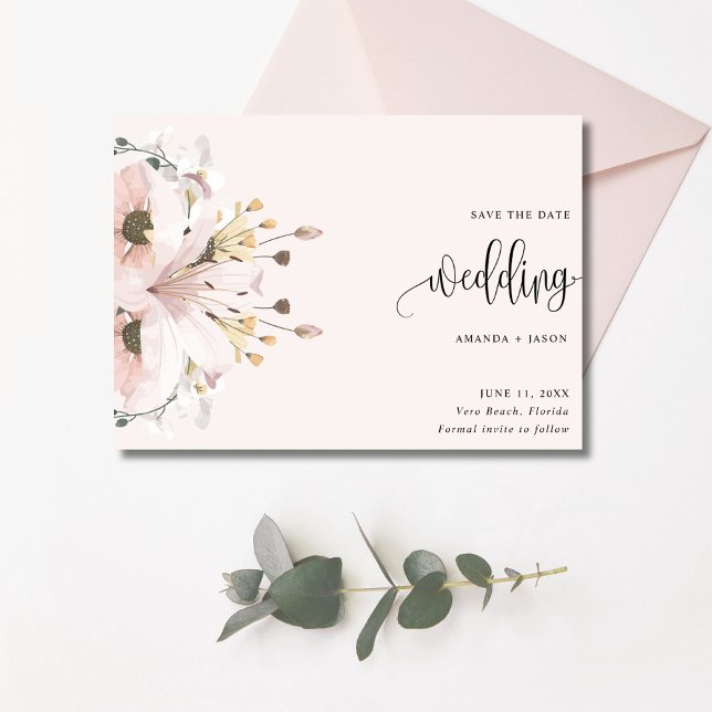 Reserve A Data Foto de Casamento Floral Rosa Elegante (Elegant Pink Floral Wedding Photo Save The Date)