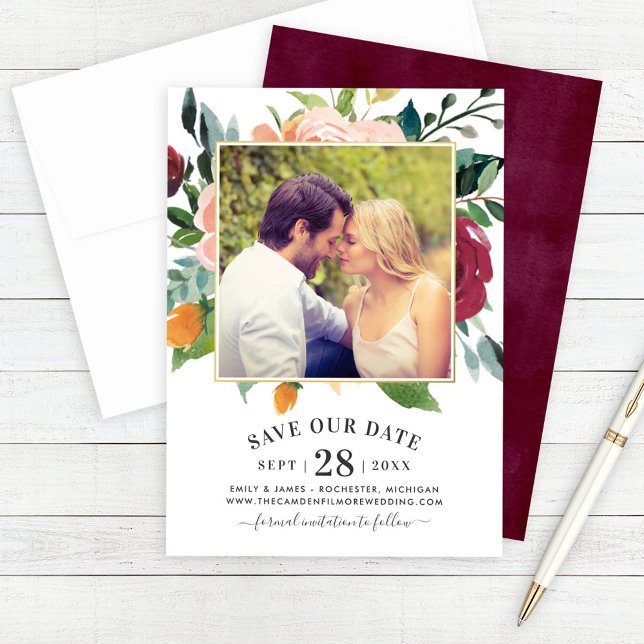 Reserve A Data Foto De Casamento Floral Rustic Burgundy Blush (Criador carregado)