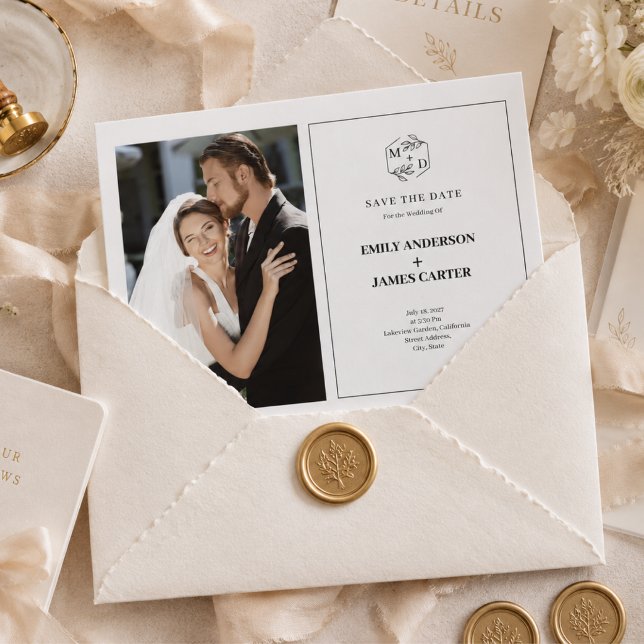 Reserve A Data Foto de casamento formal moderna com monograma ini (Formal Modern Photo wedding Monogram initial Save The Date)