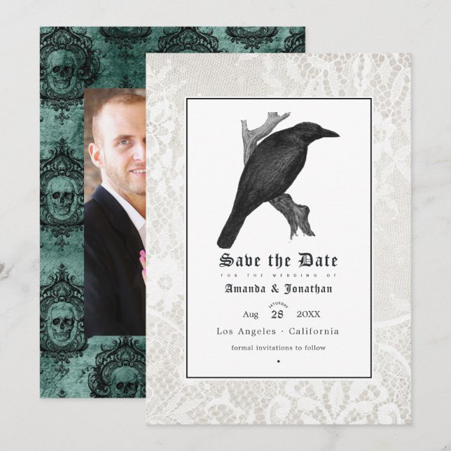 Reserve A Data Foto de casamento gótico Caveira e Renda (Frente/Verso)