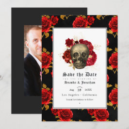 Reserve A Data Foto de casamento gótico com caveira floral
