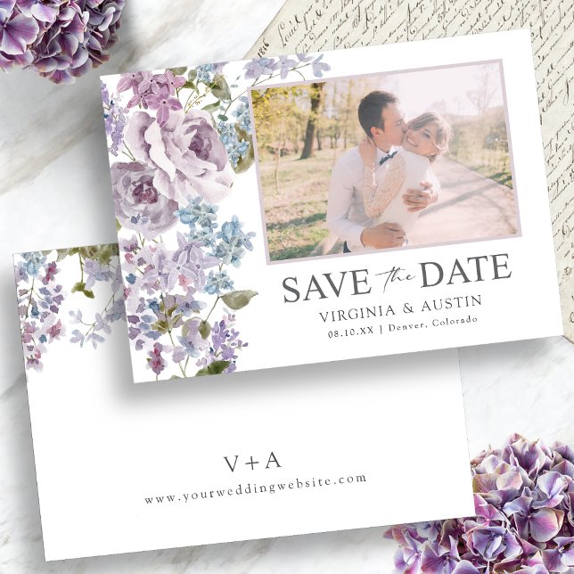 Reserve A Data Foto de Casamento Lilac Elegante (Elegant Lilac Wedding Photo Save The Date Monogram on Back by Painted Paperie
)