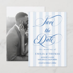 Reserve A Data Foto de casamento listrada de azul e branco para S