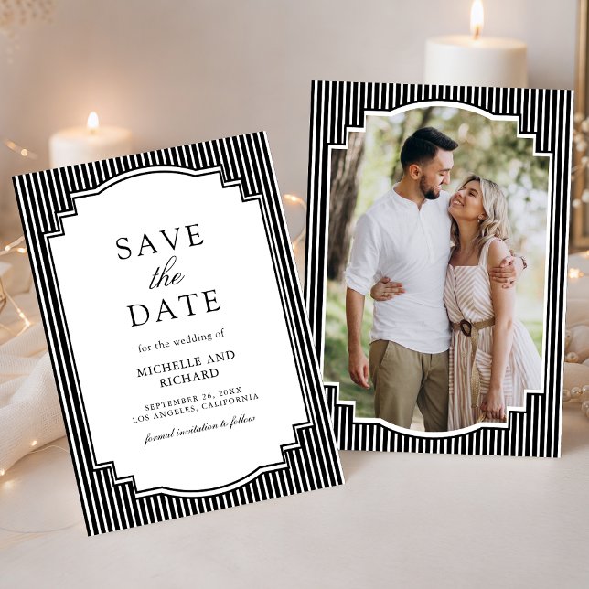 Reserve A Data Foto de casamento listrada em preto e branco (Criador carregado)