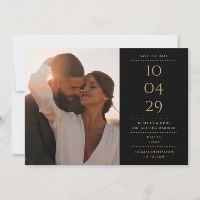 Reserve A Data Foto De Casamento Mínimo Dourado E Preto Moderno (Frente)